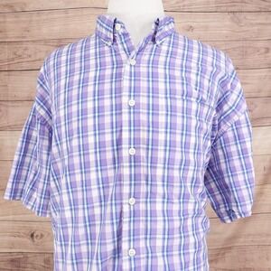 IZOD Shirt Mens 4XL Purple Blue Plaid Button Down Short Sleeve Cotton